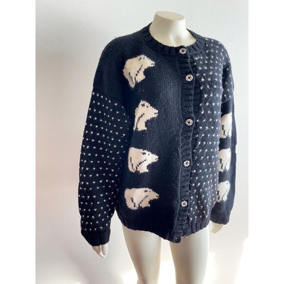Nomadic Traders Black White Bear Wool Button Down Sweater Made in Peru Medium - Picture 4 of 9